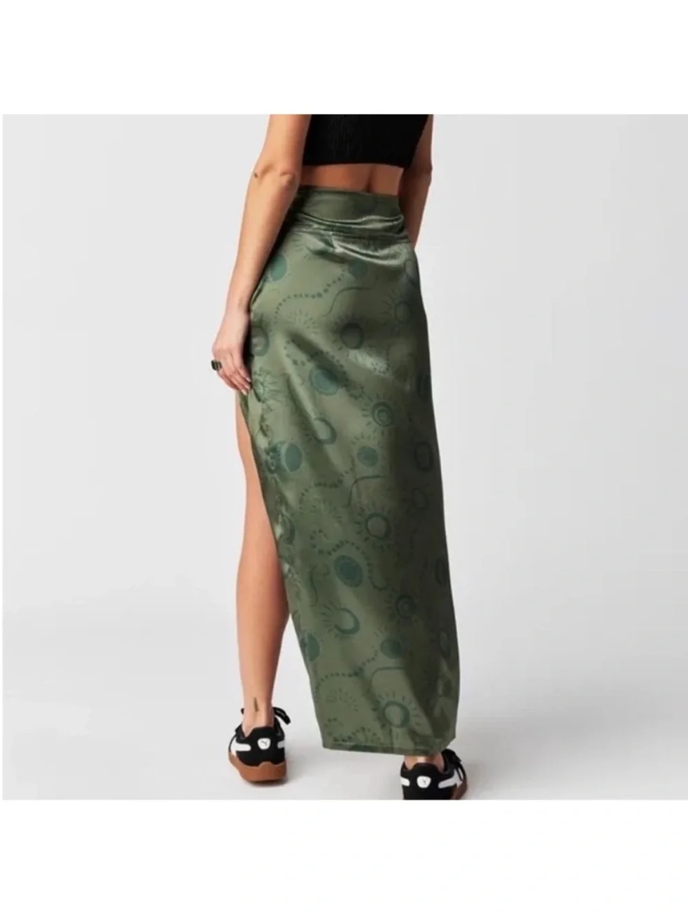 Free People 12 Skirt Serena Slim Maxi celestial green olive combo satin slit